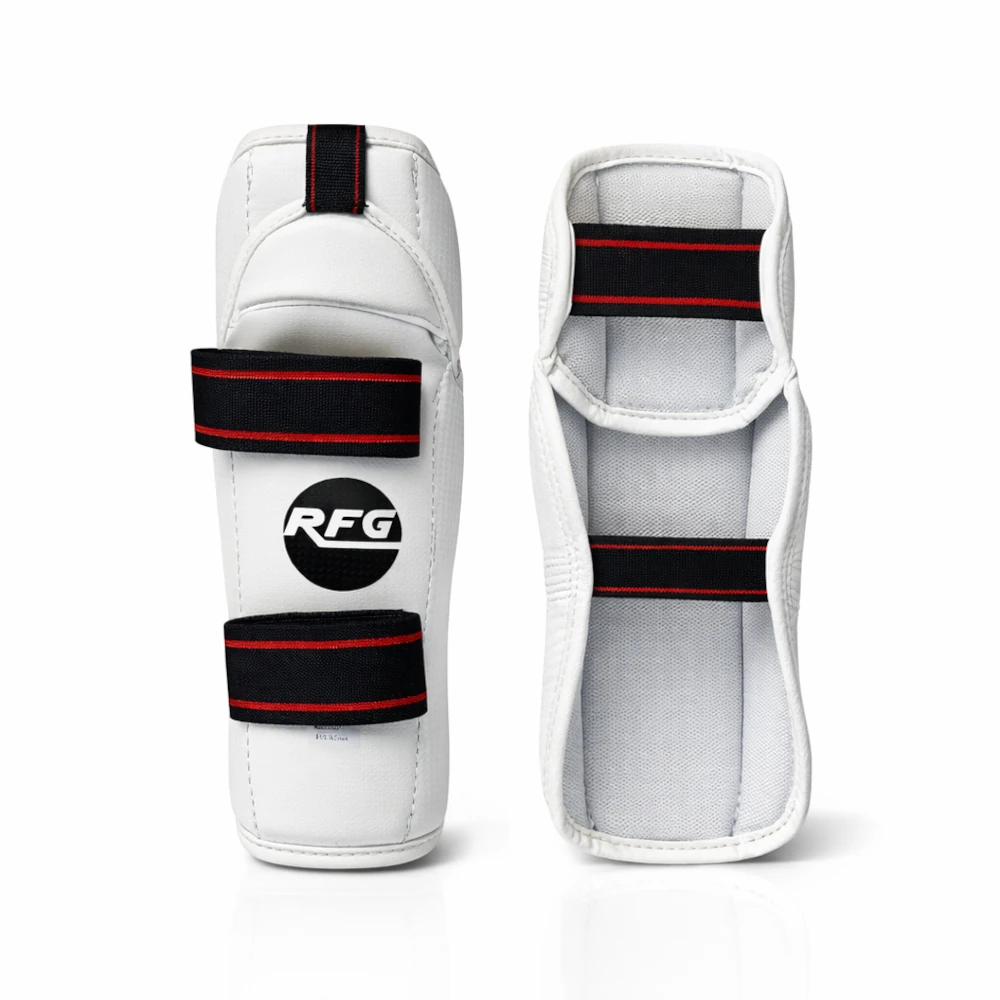 White elbow protectors with black and red accents on a white background, featuring the RFG logo.