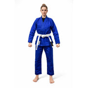 Female wearing a blue martial arts uniform with a white belt on a white background