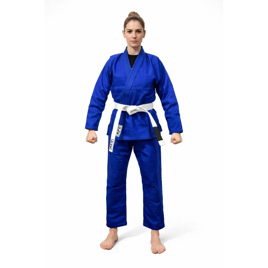 Female wearing a blue martial arts uniform with a white belt on a white background