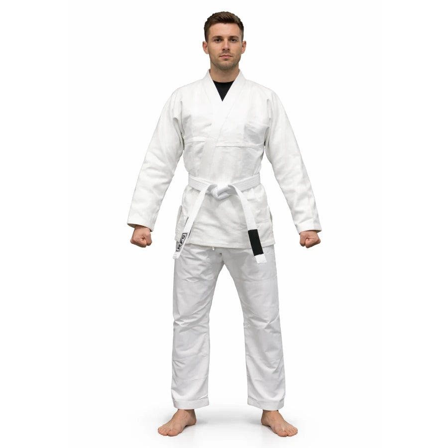 Man wearing a white martial arts uniform on a white background