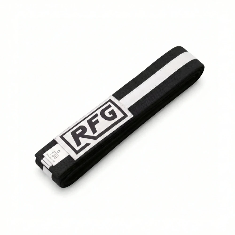 Black belt with white stripe and 'RFG' logo on a white background
