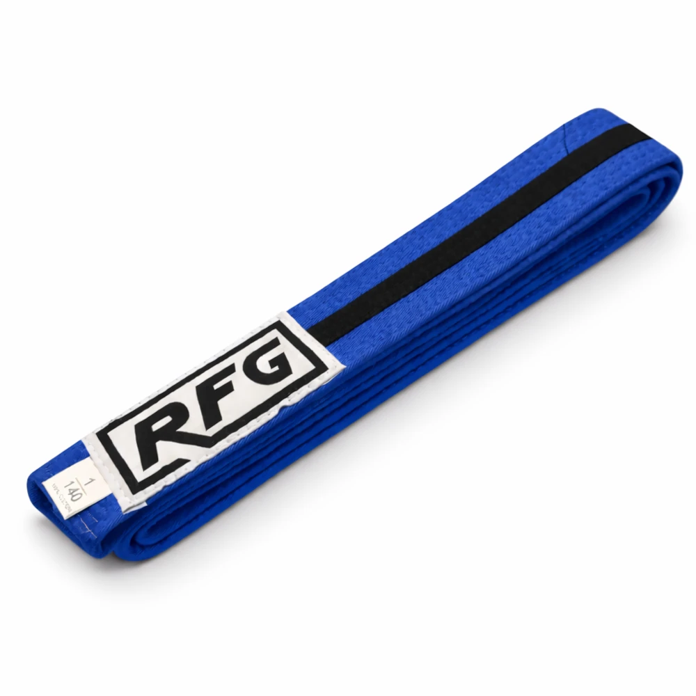 Blue belt with a black stripe and RFG logo on a white background