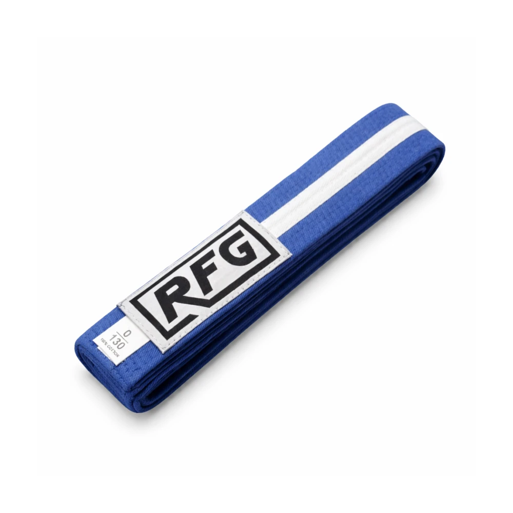 Blue belt with white stripes and RFG logo on a white background