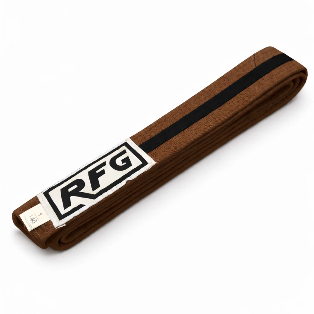 Brown belt with a black stripe and 'RFG' logo on a white background