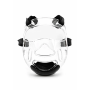 Clear face shield with black straps on a white background