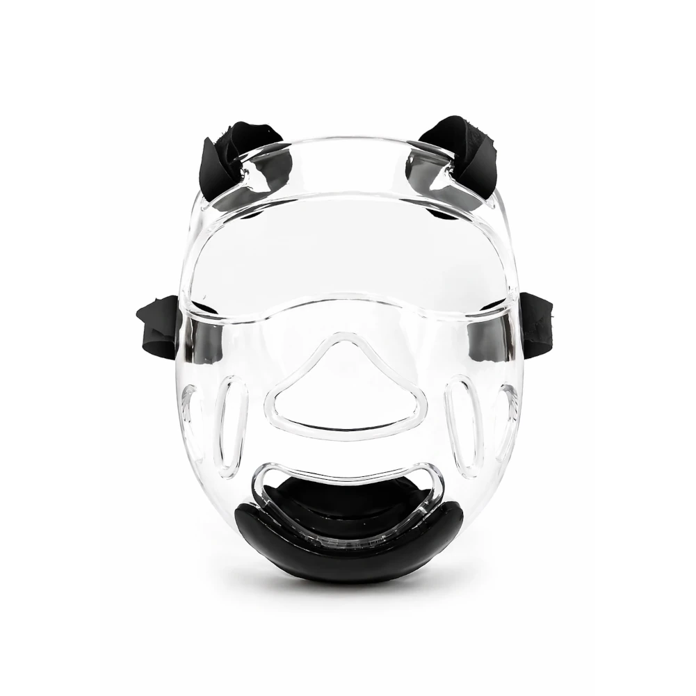 Clear face shield with black straps on a white background