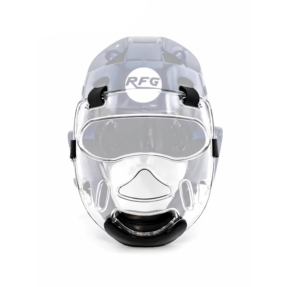 Clear protective helmet with RFG logo on a white background