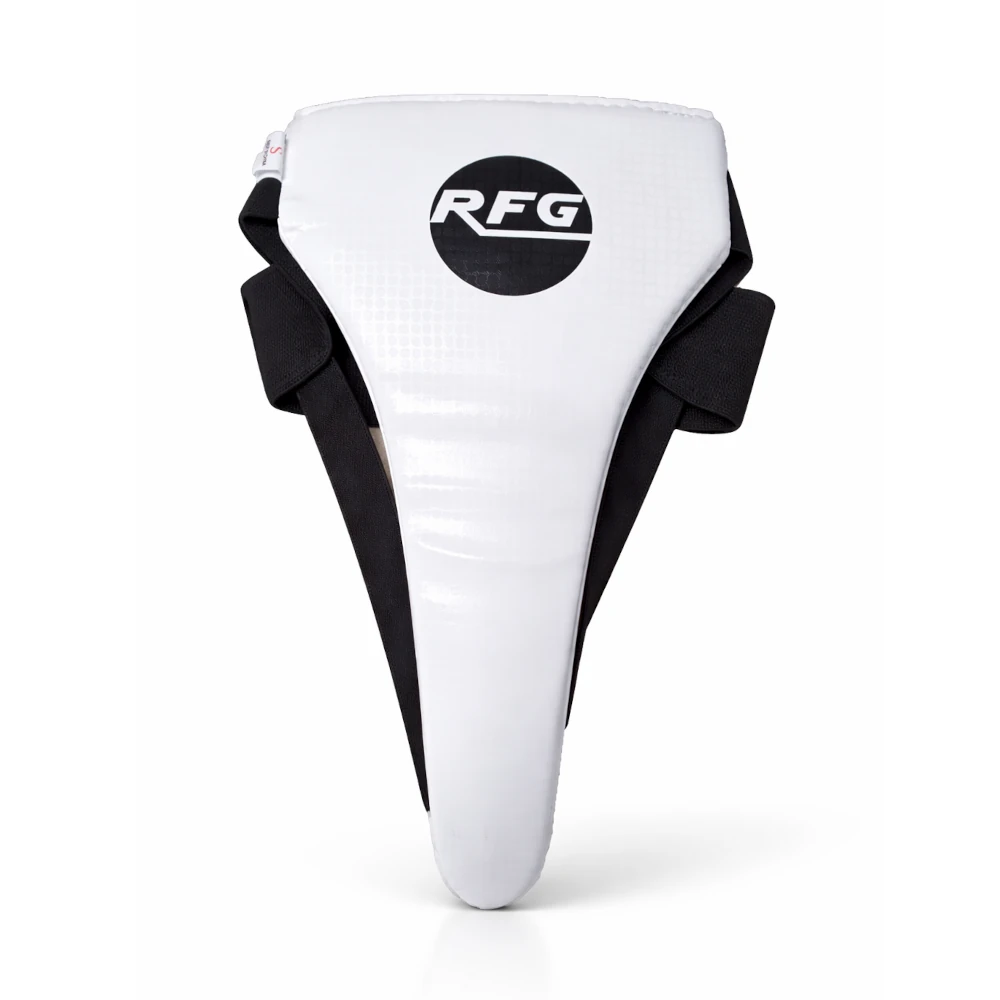 White protective groin guard with black straps and RFG logo on a white background