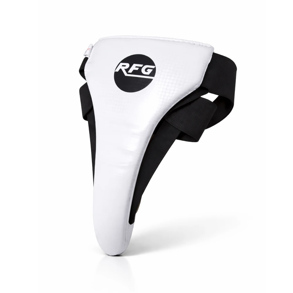 White female groin guard with black straps and RFG logo on a white background
