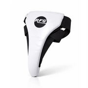 White female groin guard with black straps and RFG logo on a white background
