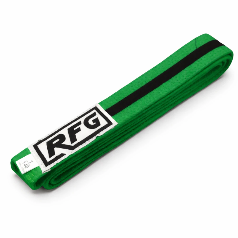 Green belt with black stripe and RFG logo on a white background