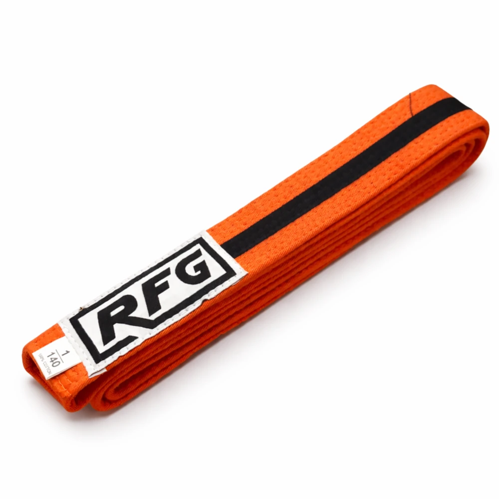 Orange belt with black stripe and RFG logo on a white background