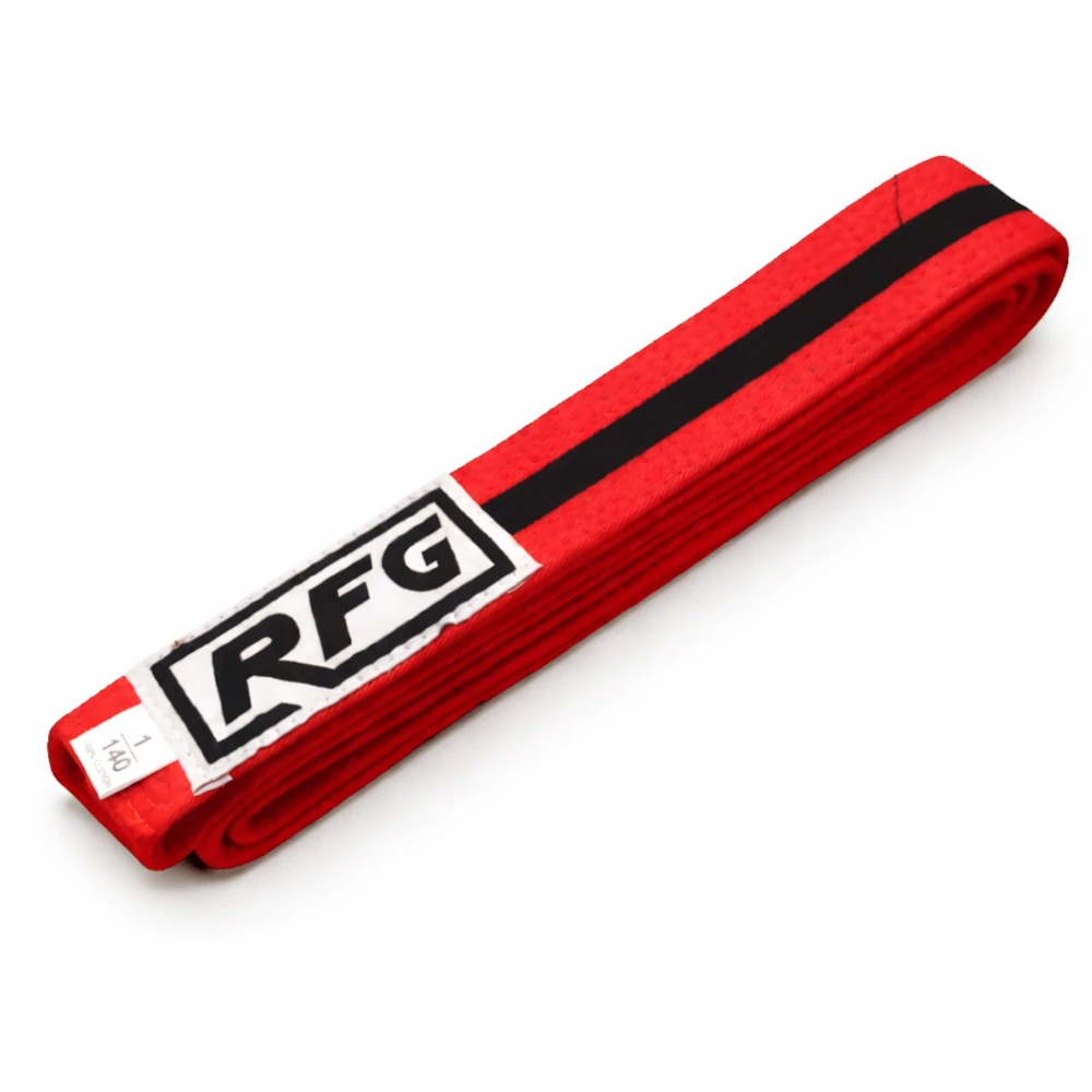 Red belt with black stripe and RFG logo on a white background