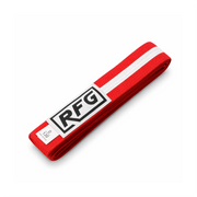 Red belt with a white stripe and 'RFG' logo on a white background