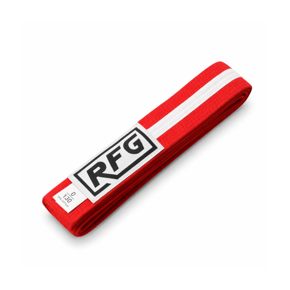 Red belt with a white stripe and 'RFG' logo on a white background