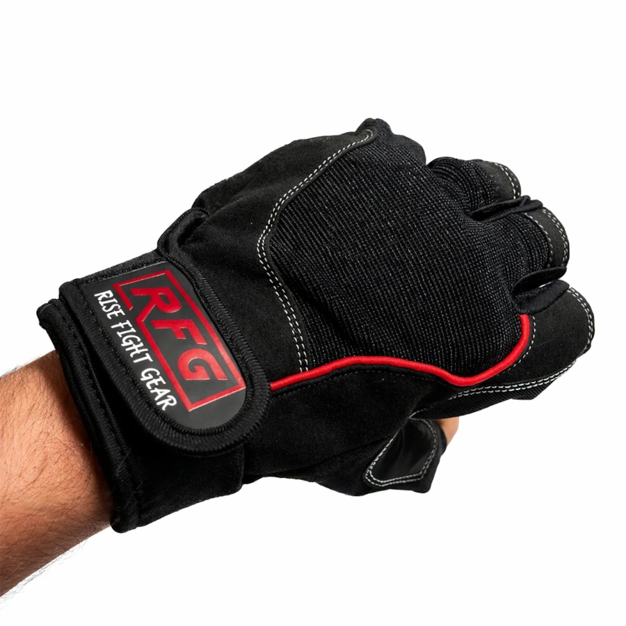 Black weight lifting glove with red accents and 'Rise Fight Gear' logo on a white background