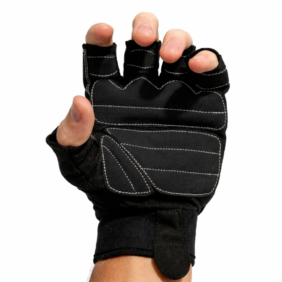Black half-finger glove on a white background