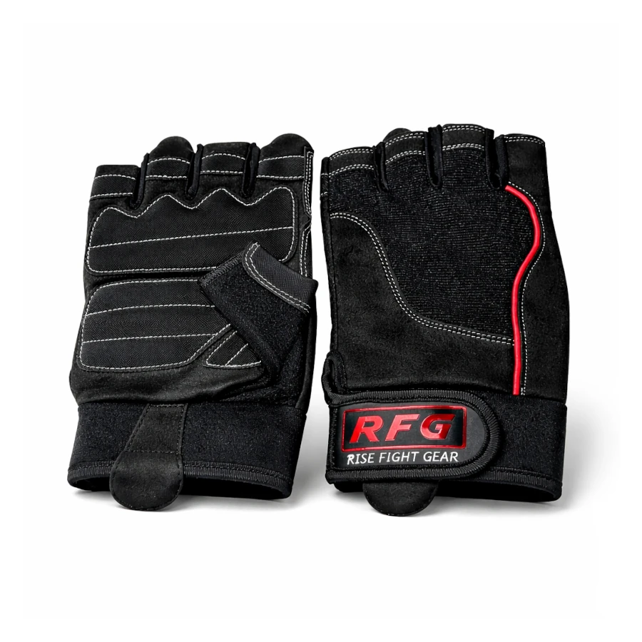 Black weight lifting gloves with red accents and 'Rise Fight Gear' logo on a white background