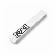 White martial arts belt with 'RFG' logo on a white background