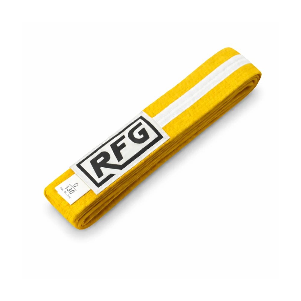 Yellow belt with a white stripe and 'RFG' logo on a white background