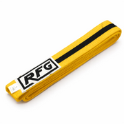Yellow belt with a black stripe and RFG logo on a white background