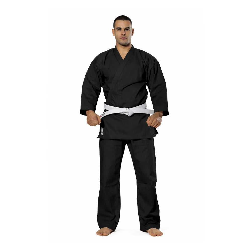 Man wearing a black Rising Sun martial arts uniform with a white belt on a white background