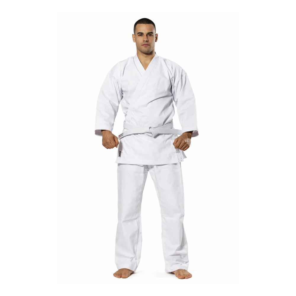 Man wearing a white Rising Sun martial arts uniform on a white background