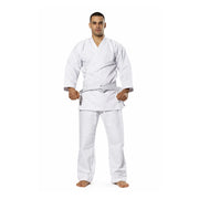 Man wearing a white Rising Sun martial arts uniform on a white background