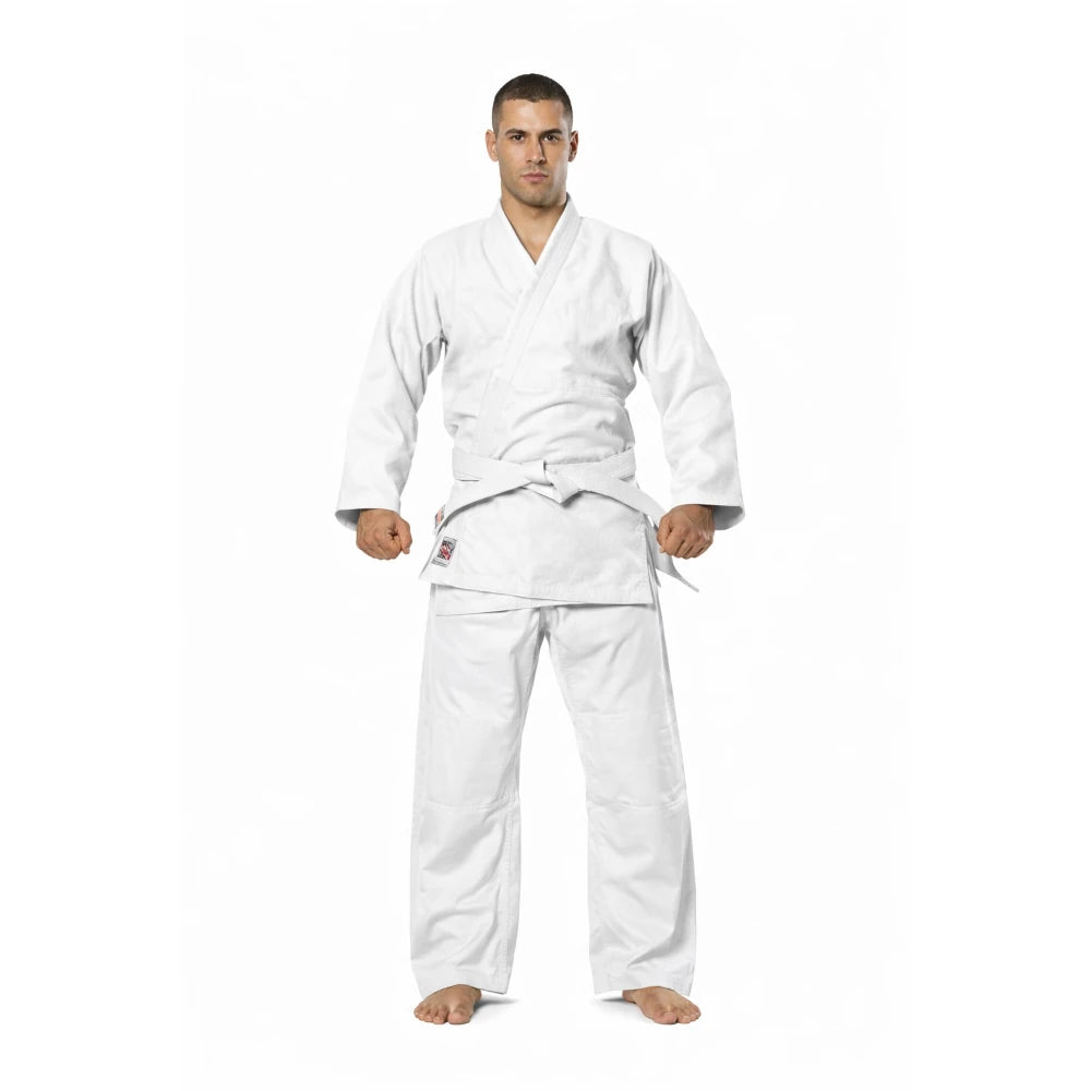Man wearing a white martial arts uniform on a white background
