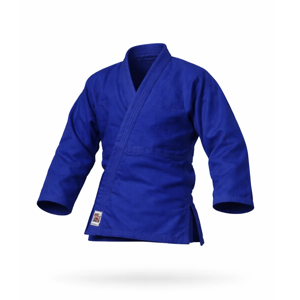 Blue martial arts gi top on a white background