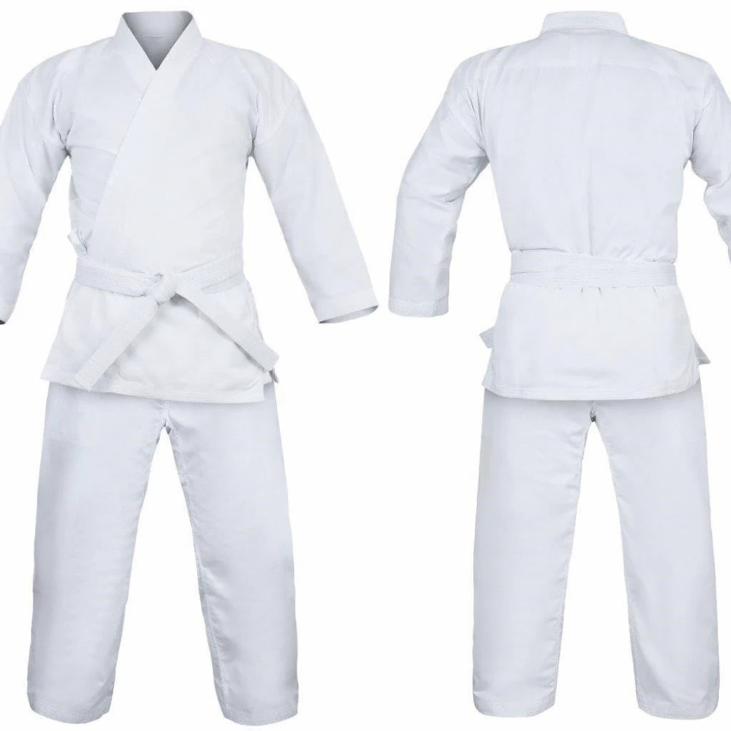 White martial arts uniform shown from front and back on a white background