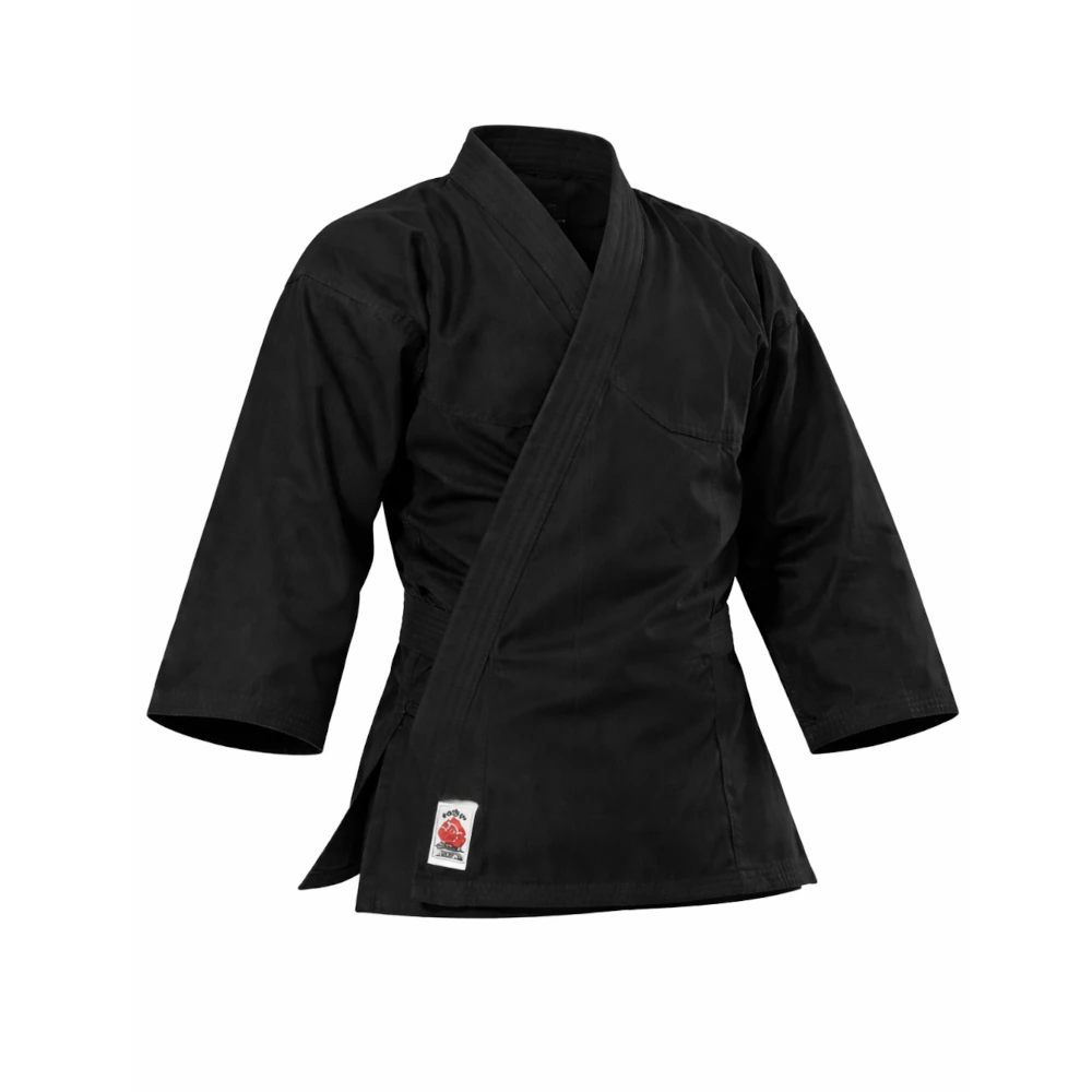 Black martial arts gi with a visible brand logo on a white background