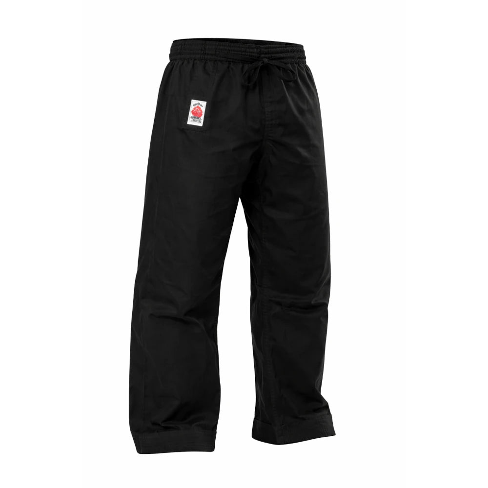 Black martial arts pants with a Rising Sun logo on a white background