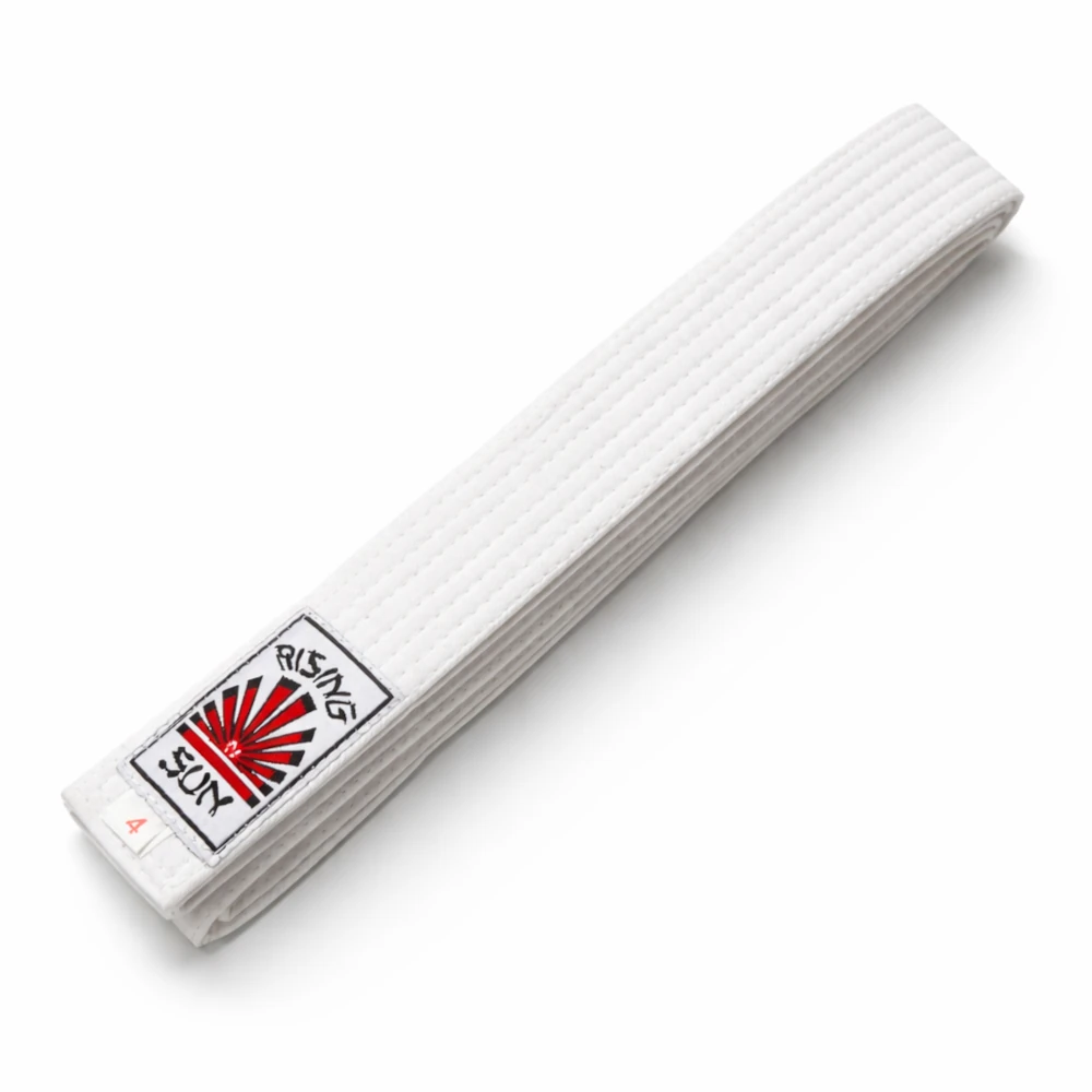 White martial arts belt with a visible brand logo on a white background