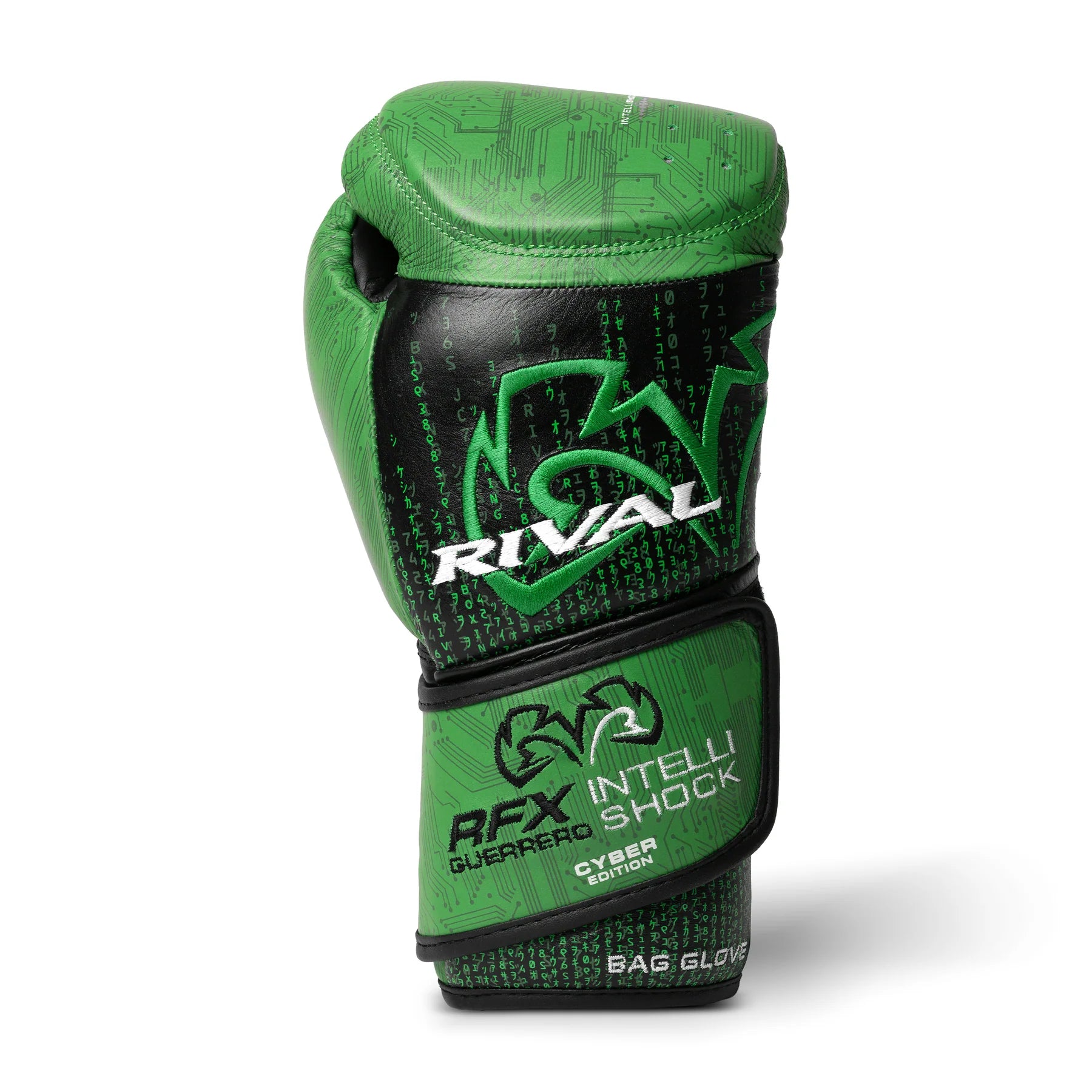 Green boxing glove with black accents featuring the Rival brand on a white background