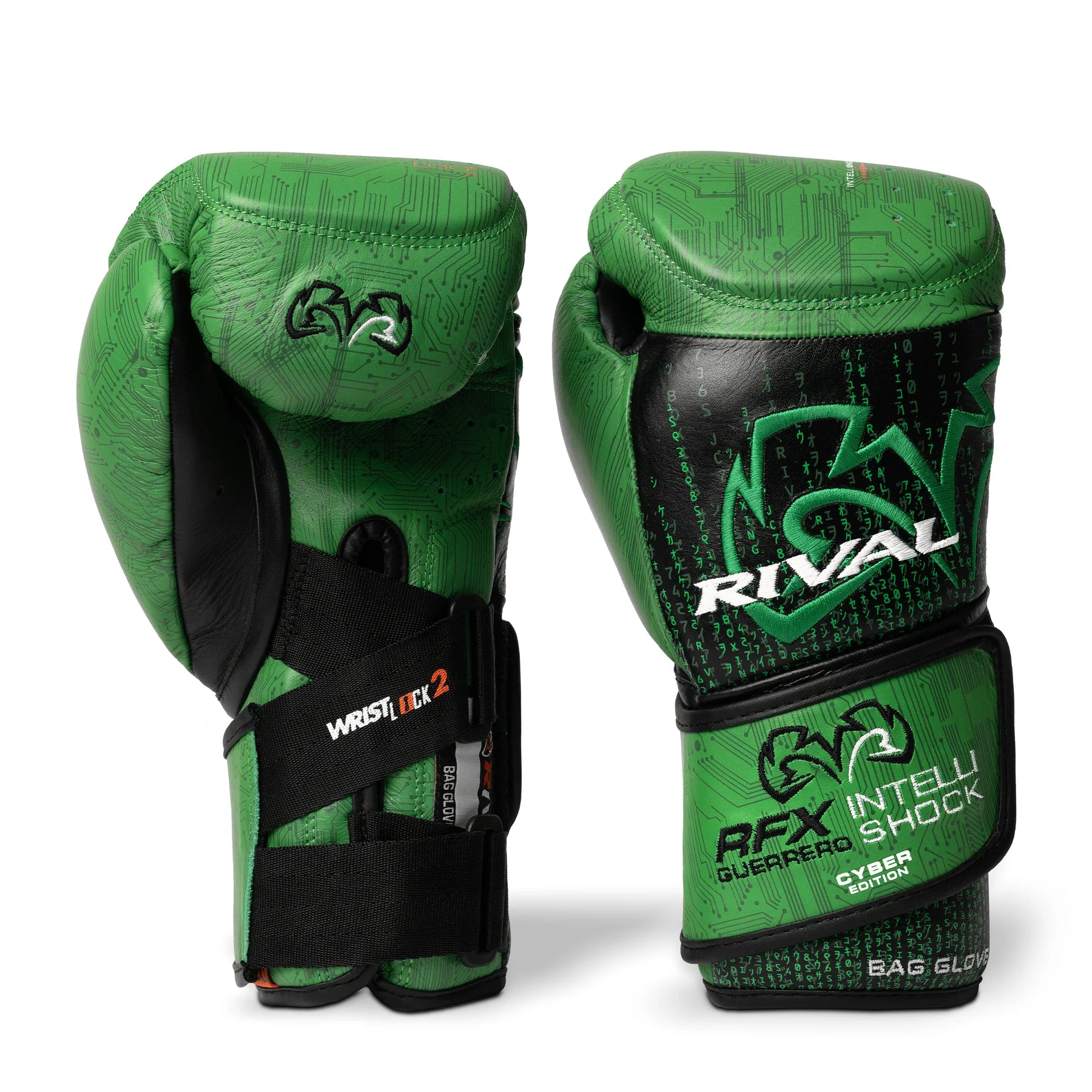 Green cyber style boxing gloves with black accents and 'Rival' branding on a white background