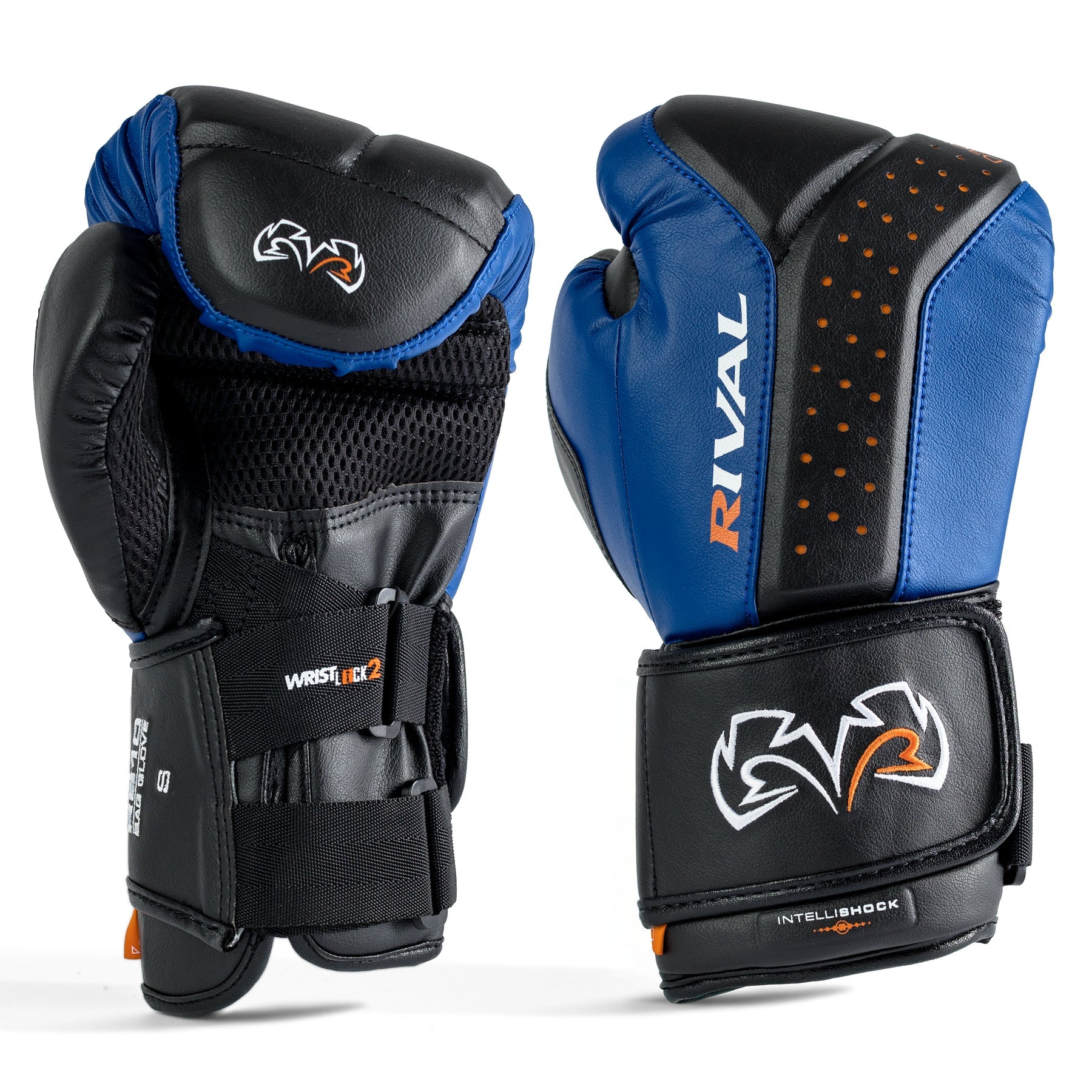 Pair of black and blue boxing gloves with visible branding on a white background
