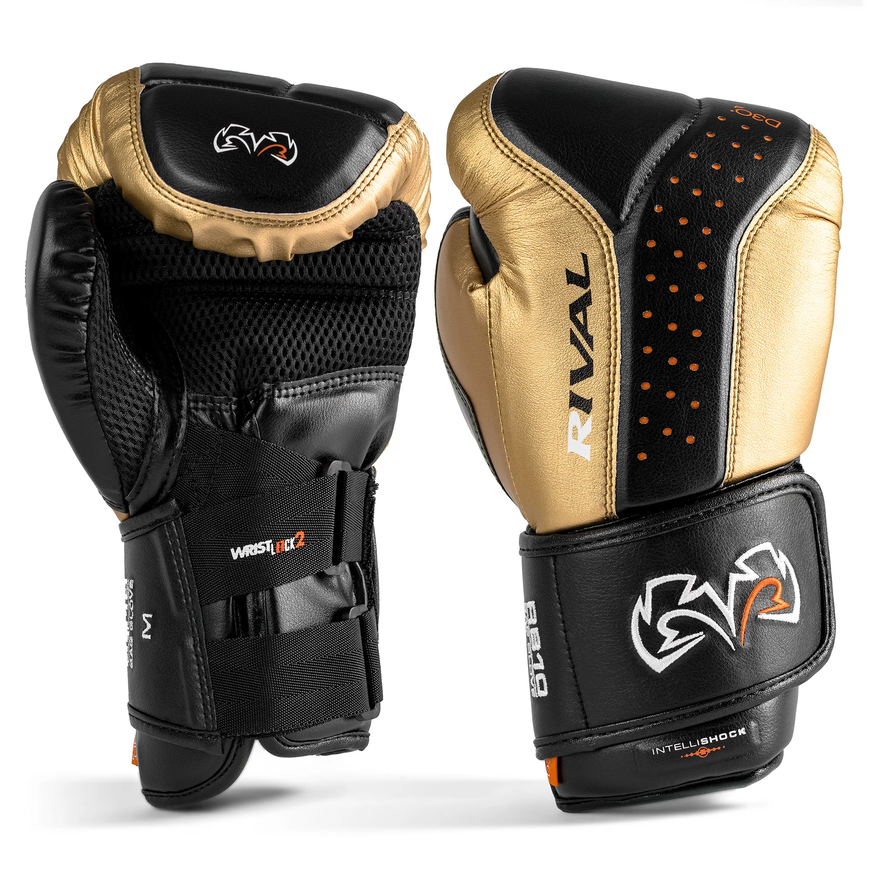 Pair of black and gold boxing gloves with visible Rival branding on a white background