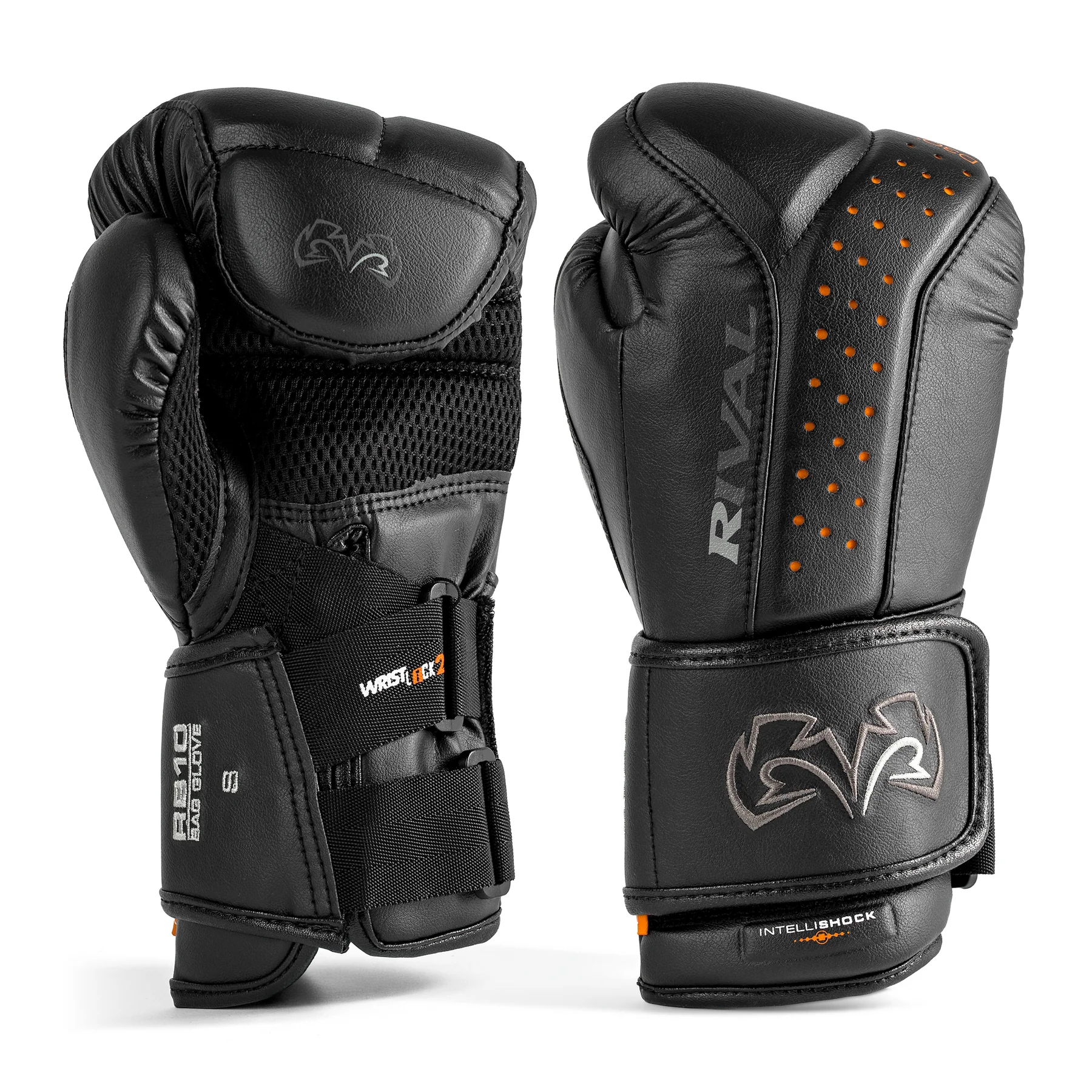 Pair of black boxing gloves with visible branding on a white background