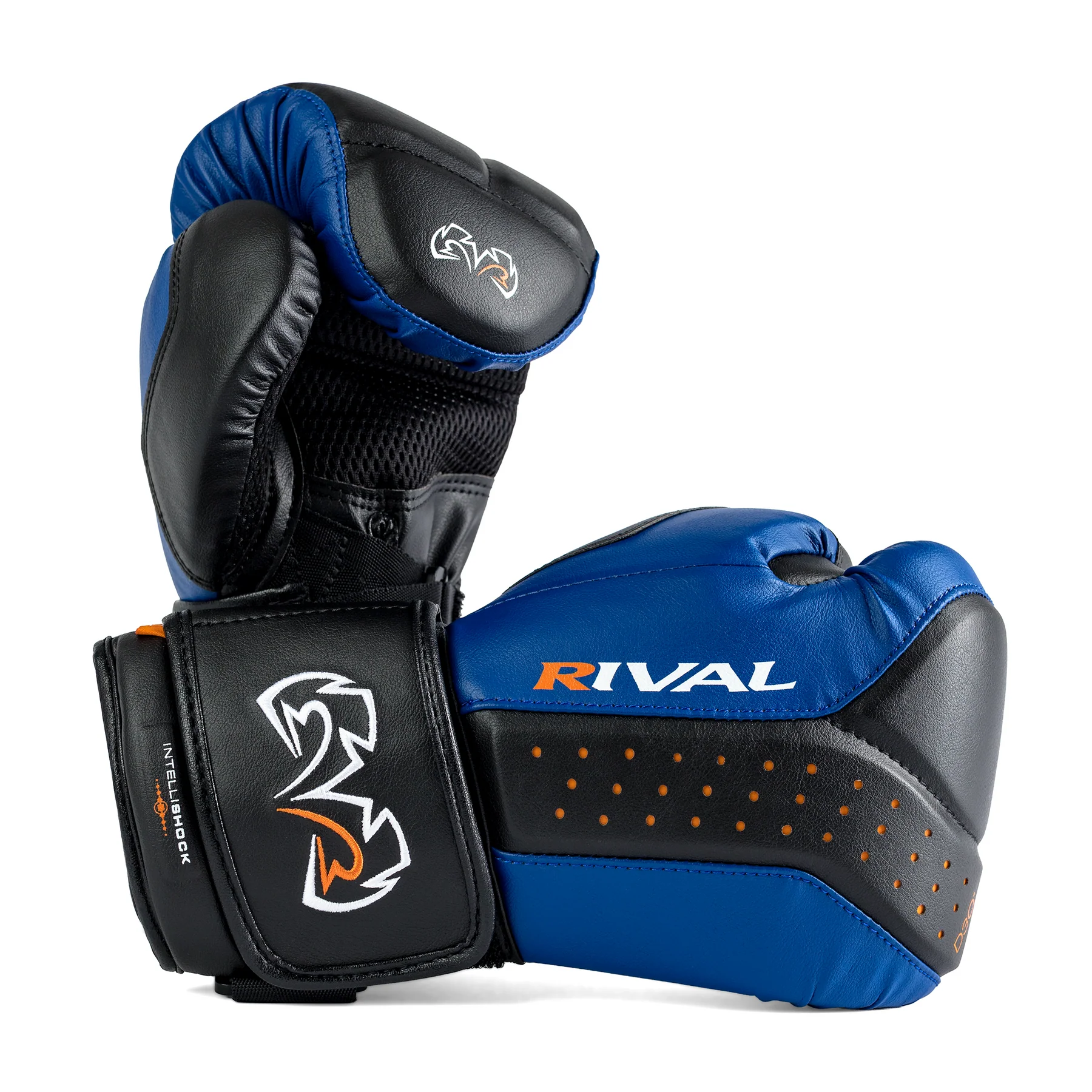 Pair of blue and black boxing gloves with 'Rival' branding on a white background