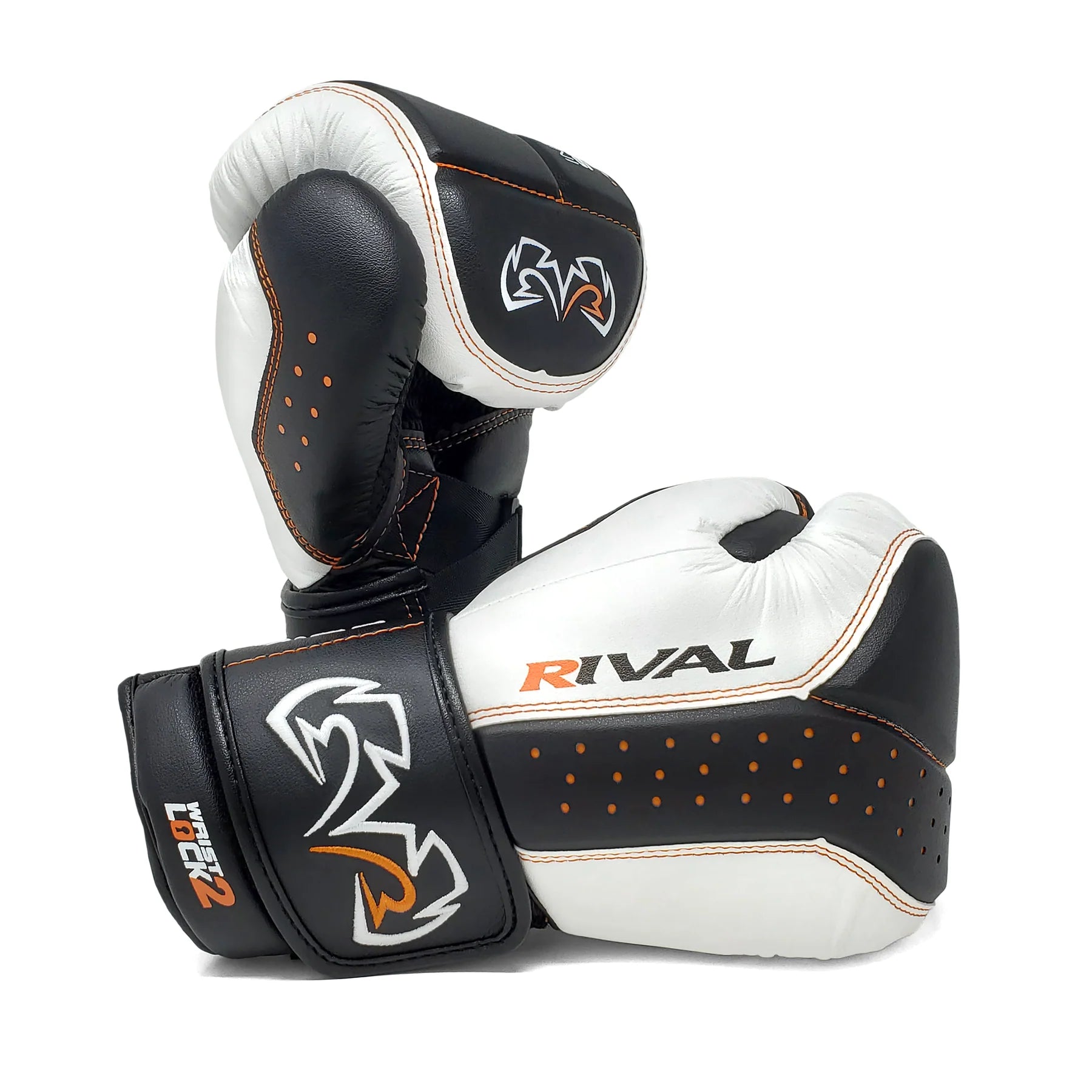 Pair of black and white boxing gloves with 'Rival' branding on a white background