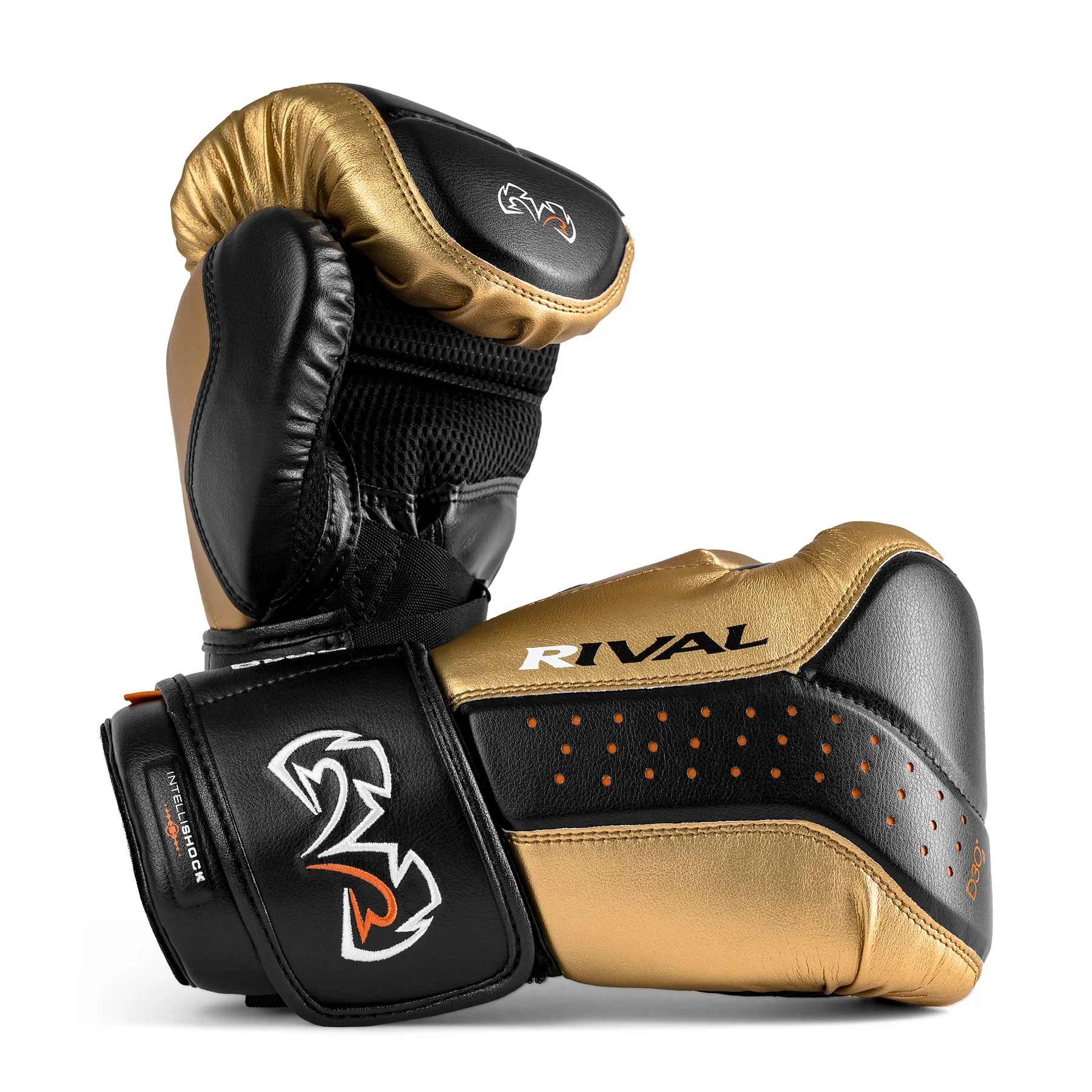 Pair of gold and black boxing gloves with 'Rival' branding on a white background