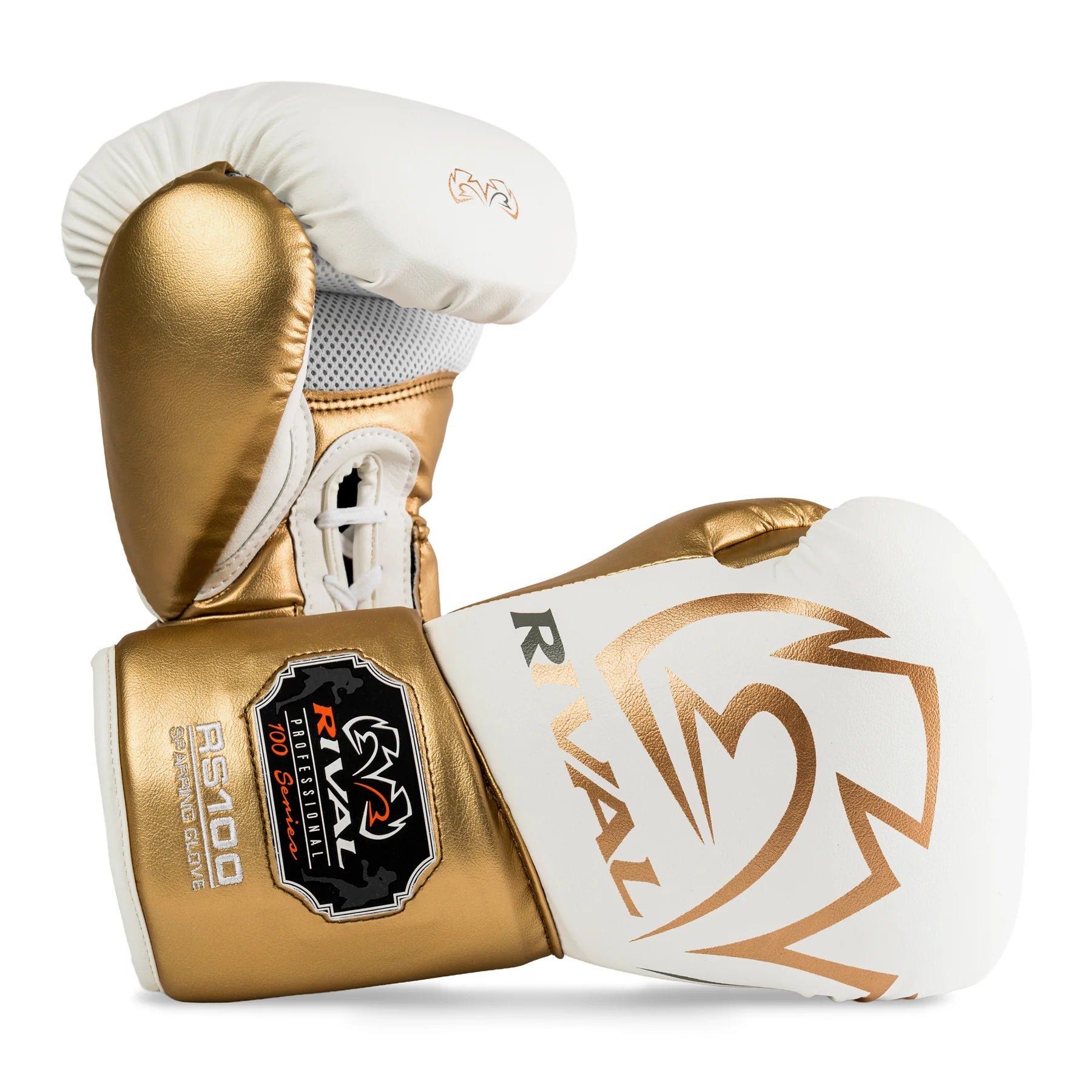 Gold and white boxing gloves with 'Rival' branding on a white background
