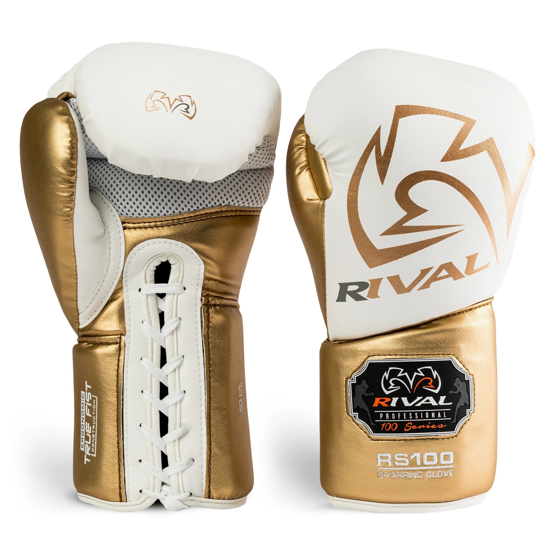 Pair of gold and white boxing gloves with 'Rival' branding on a white background