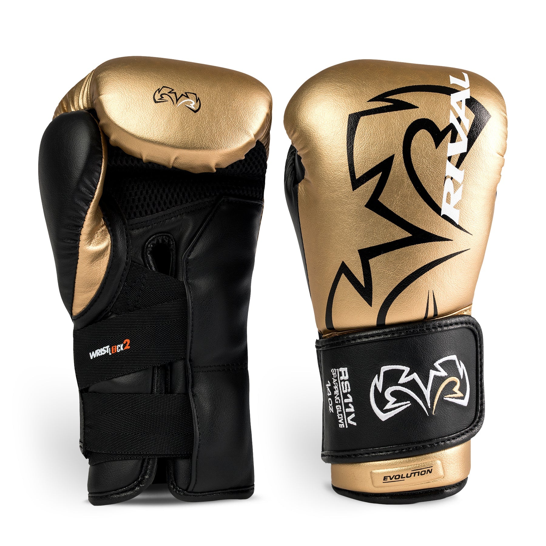 Pair of black and gold boxing gloves with visible Rival branding on a white background