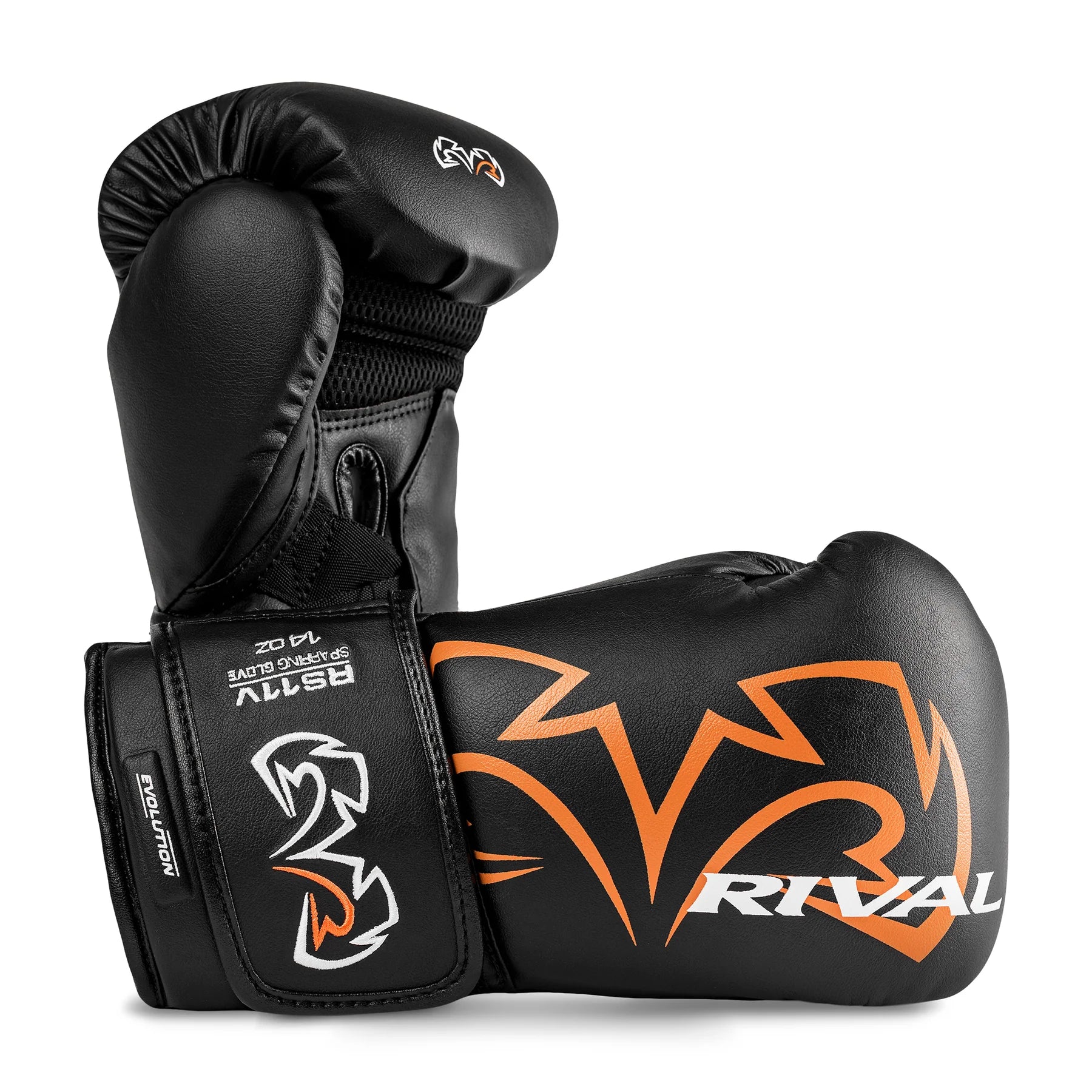 Black Rival boxing gloves with orange and white design on a white background