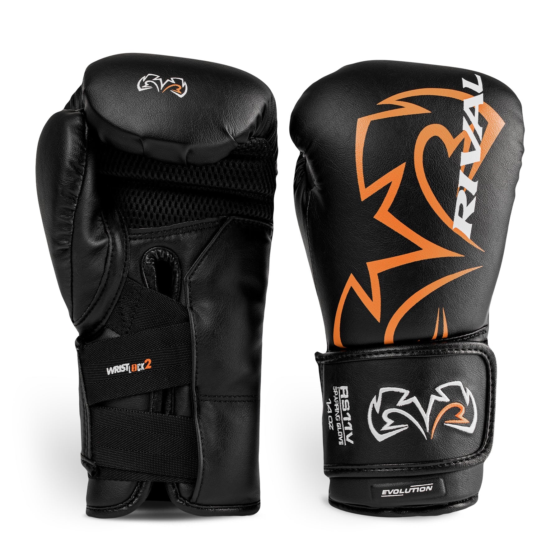 Black boxing gloves with orange and white designs on a white background