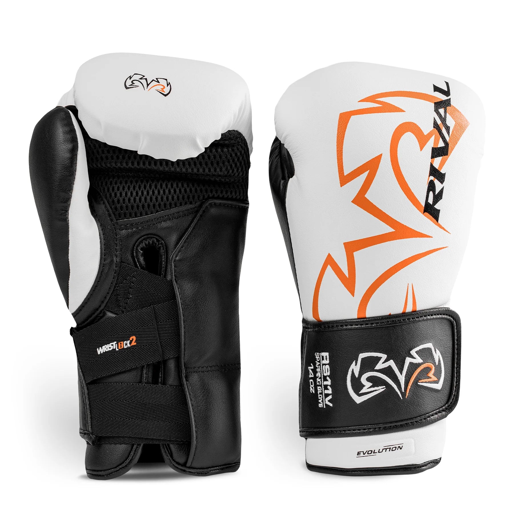 Pair of black and white boxing gloves with orange logo on a white background