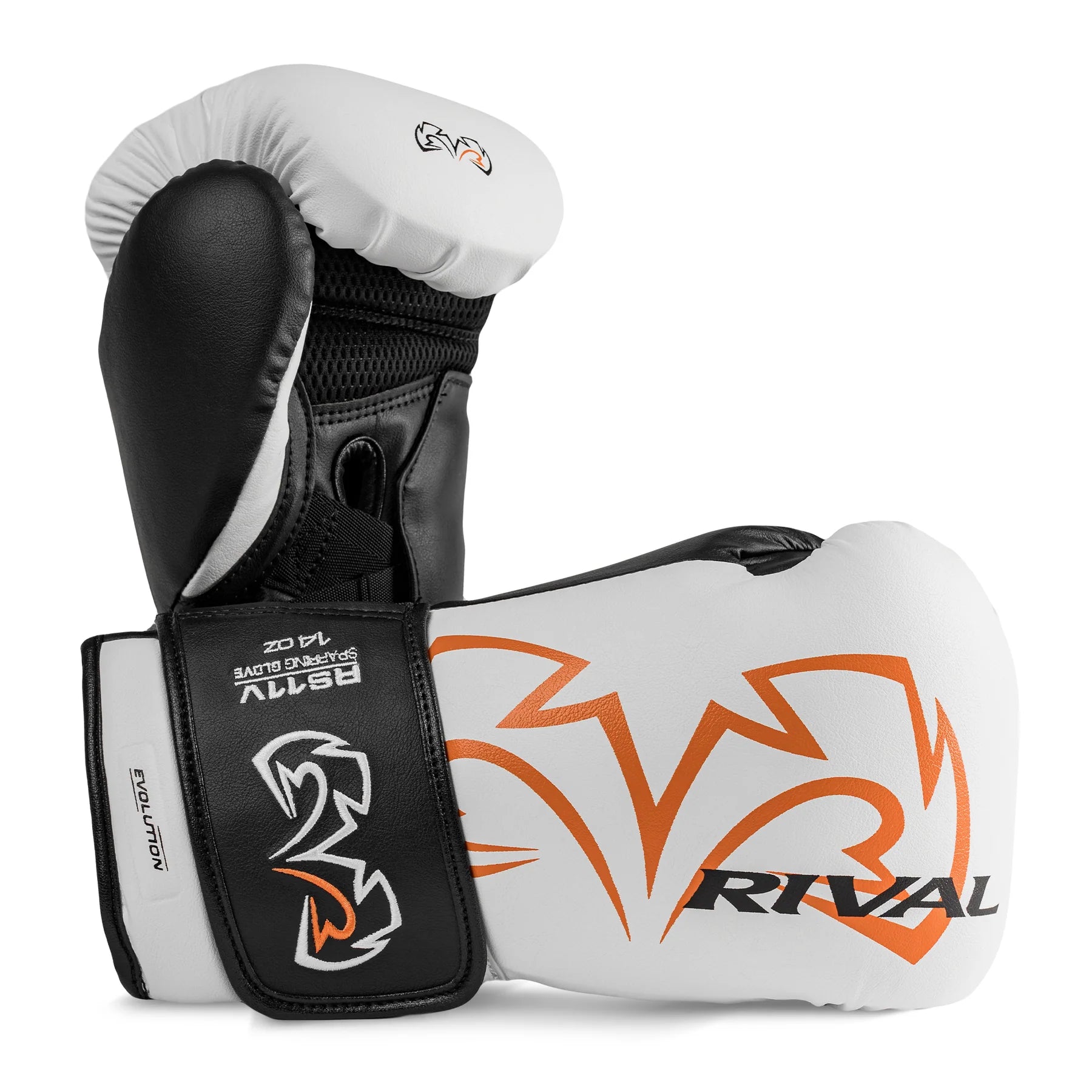 Pair of black and white boxing gloves with orange and white 'Rival' branding on a white background.