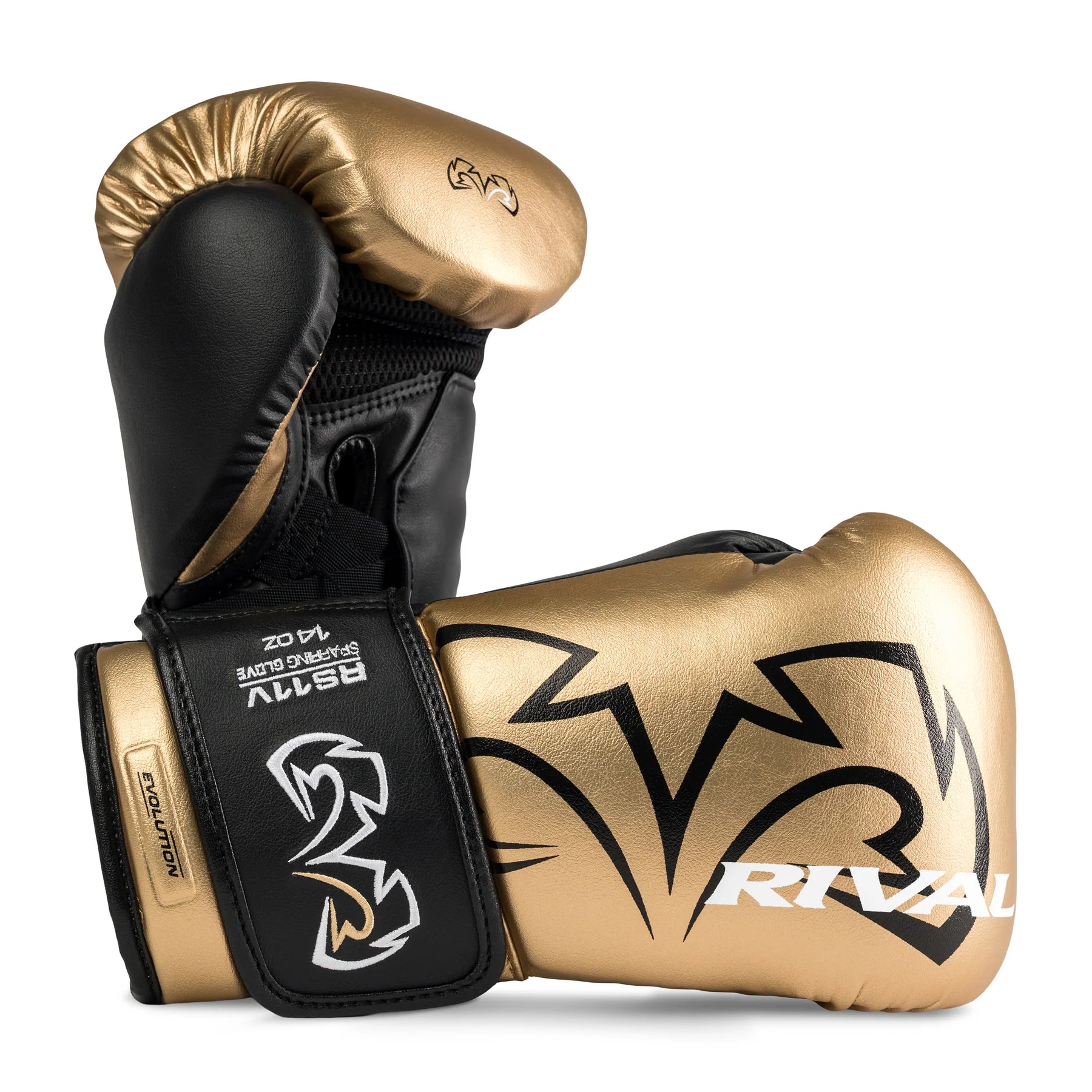 Pair of gold and black boxing gloves with 'Rival' branding on a white background